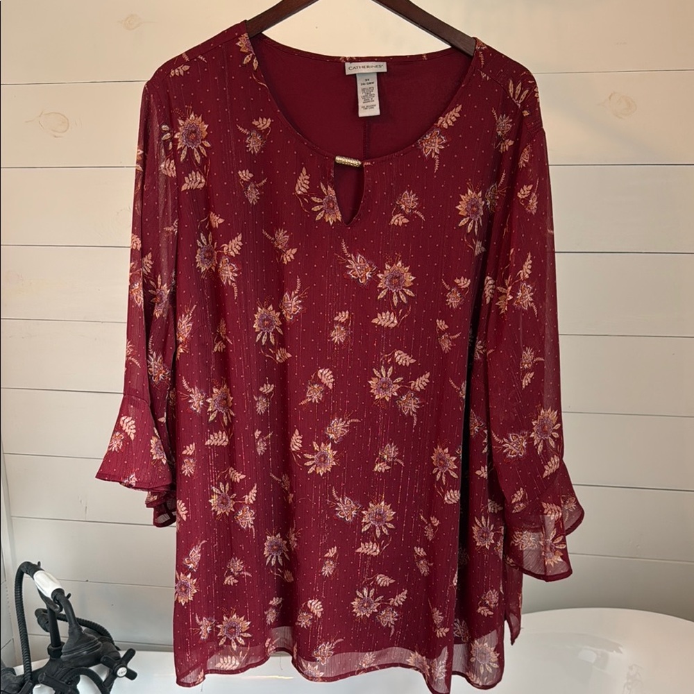 Burgundy Floral Top by Catherines